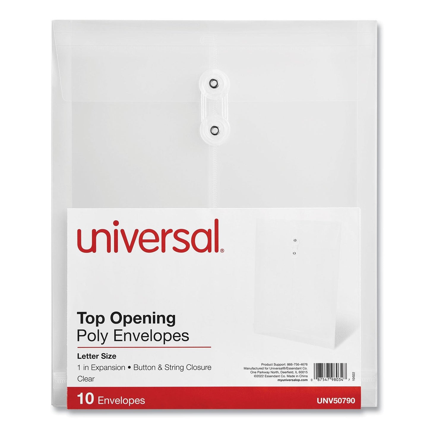 Universal Top Opening Poly Envelopes, 1.25" Expansion, Letter Size, Clear, 10/Pack (UNV50790)