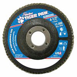 Weiler Tiger Paw™ Super High Density Flap Disc, 4-1/2 in dia, 60 Grit, 7/8 in Arbor, 12,000 RPM, Type 27 (804-51162)
