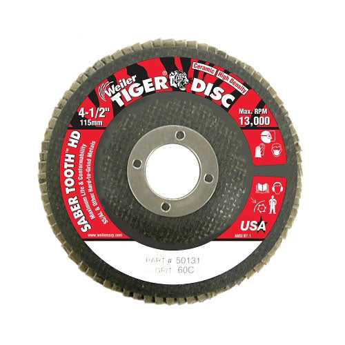 Weiler Tiger® Saber Tooth™ Ceramic High Density Flap Disc, 4-1/2 in dia, 60 Grit, 7/8 in Arbor, 13,000 RPM, Type 27 (804-50131)
