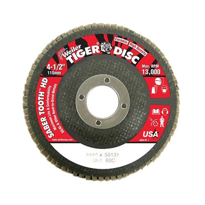 Weiler Tiger® Saber Tooth™ Ceramic High Density Flap Disc, 4-1/2 in dia, 60 Grit, 7/8 in Arbor, 13,000 RPM, Type 27 (804-50131)