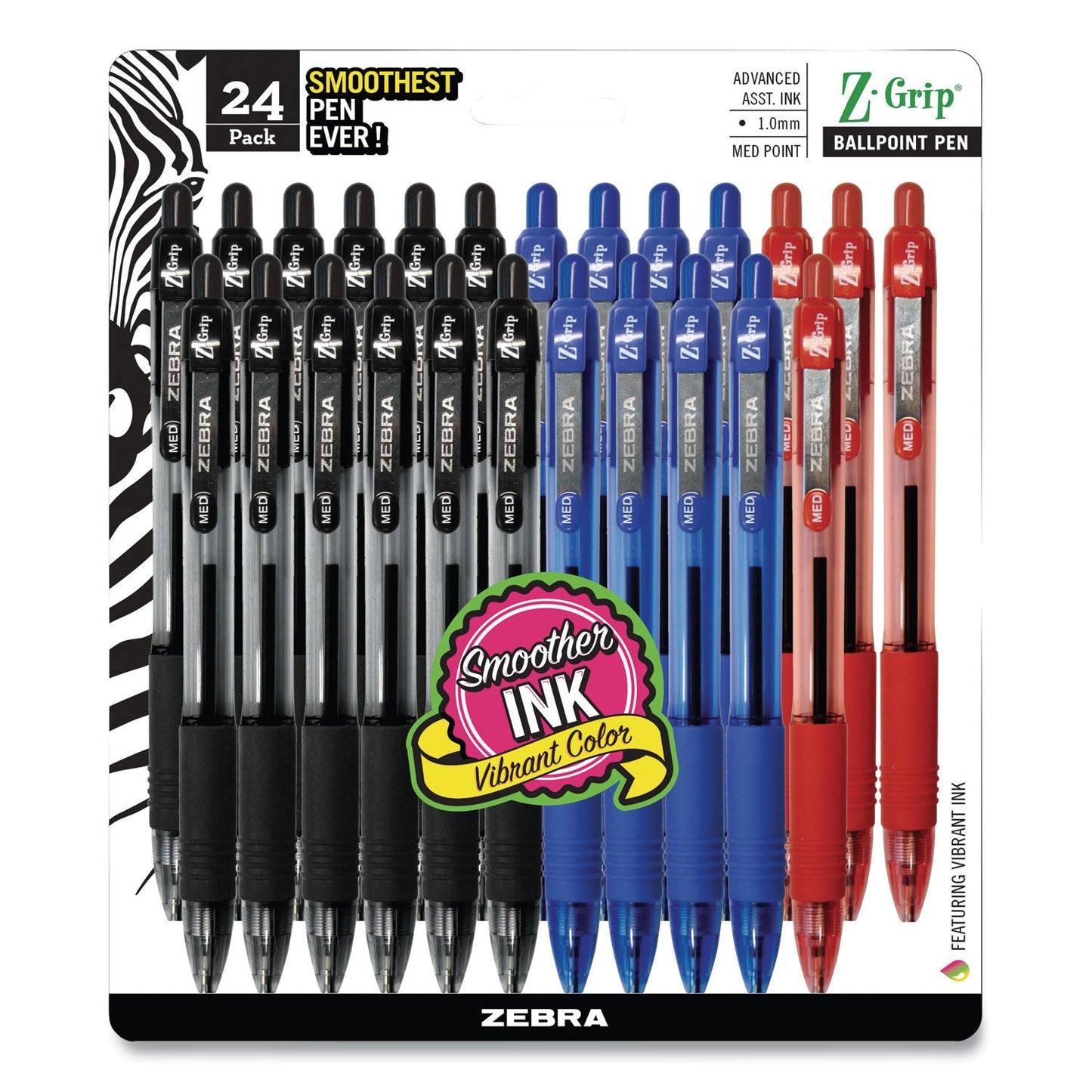 Zebra Z-Grip Ballpoint Pen, Retractable, Medium 1 mm, Assorted Ink and Barrel Colors, 24/Pack (ZEB12224)