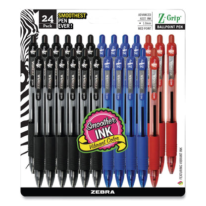 Zebra Z-Grip Ballpoint Pen, Retractable, Medium 1 mm, Assorted Ink and Barrel Colors, 24/Pack (ZEB12224)